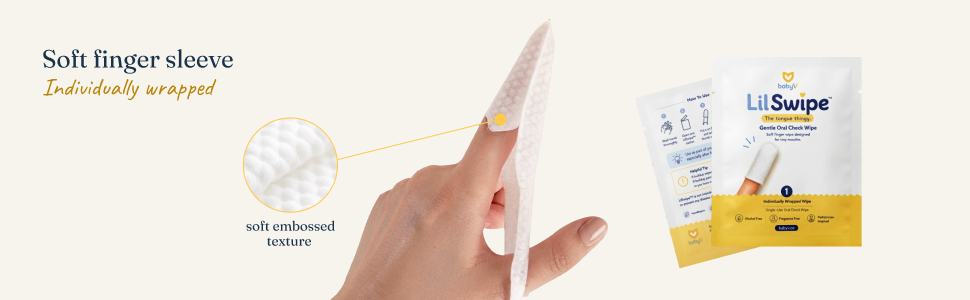 LilSwipe soft embossed finger sleeve texture shown on an adult finger beside its individually wrapped sachet