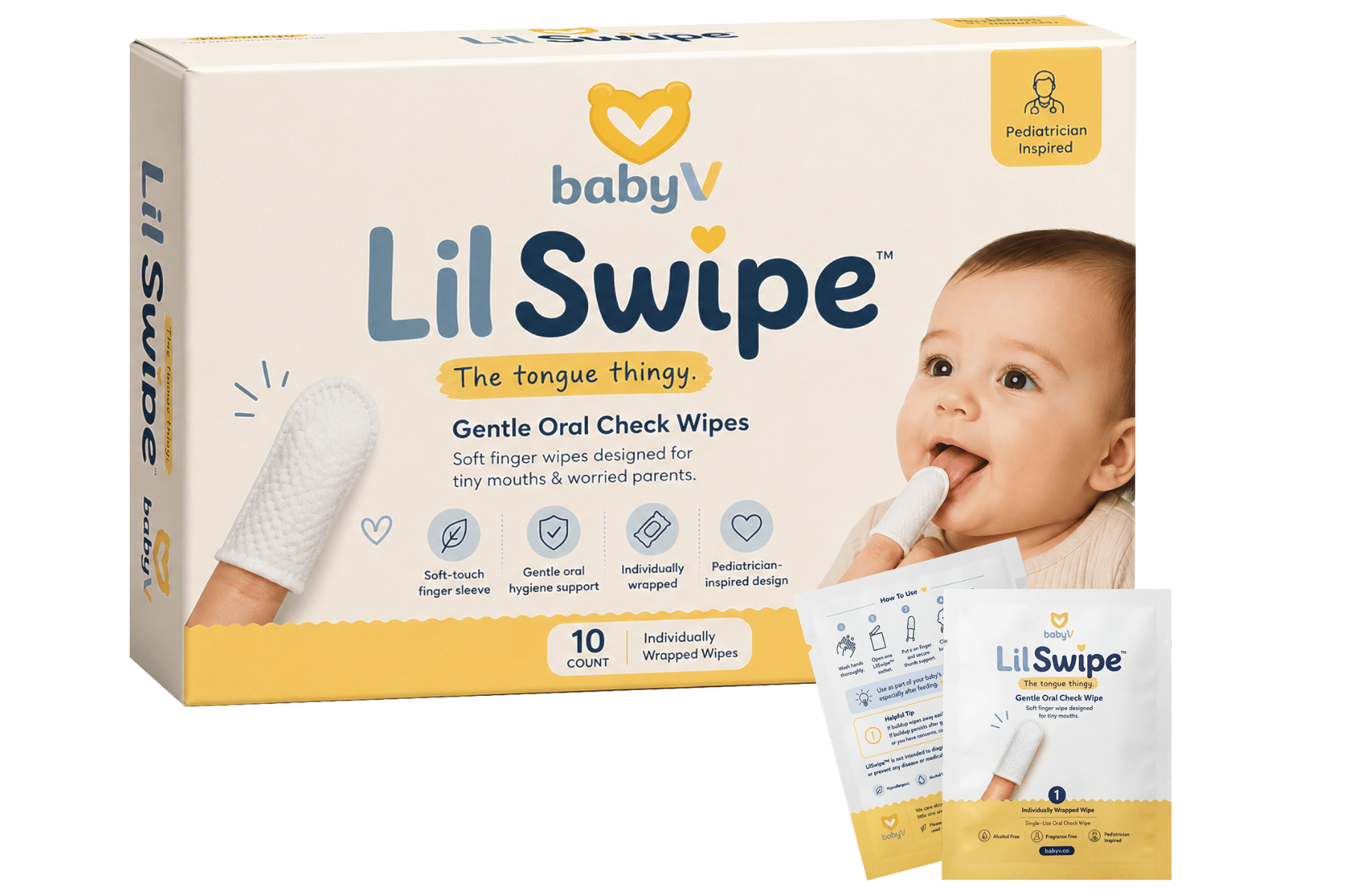 A box of BabyV LilSwipe gentle oral check wipes with individually wrapped sachets