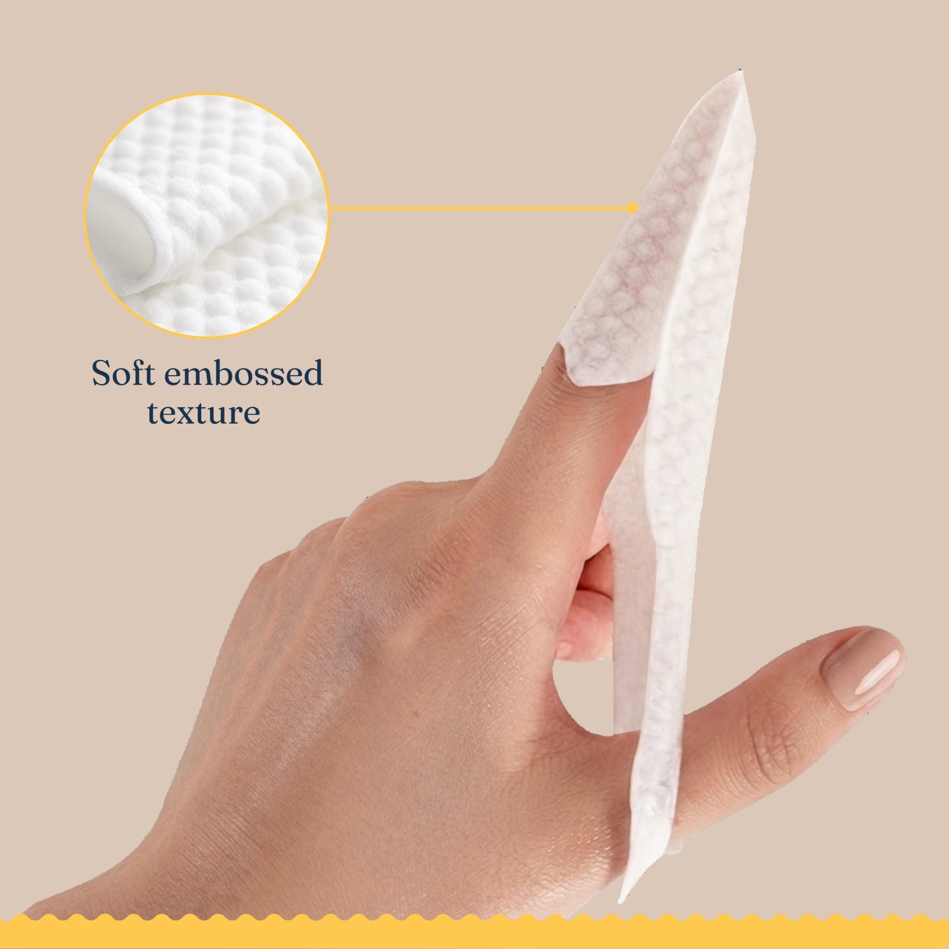 Close-up of the LilSwipe soft embossed finger sleeve worn on an adult finger, next to an individually wrapped sachet