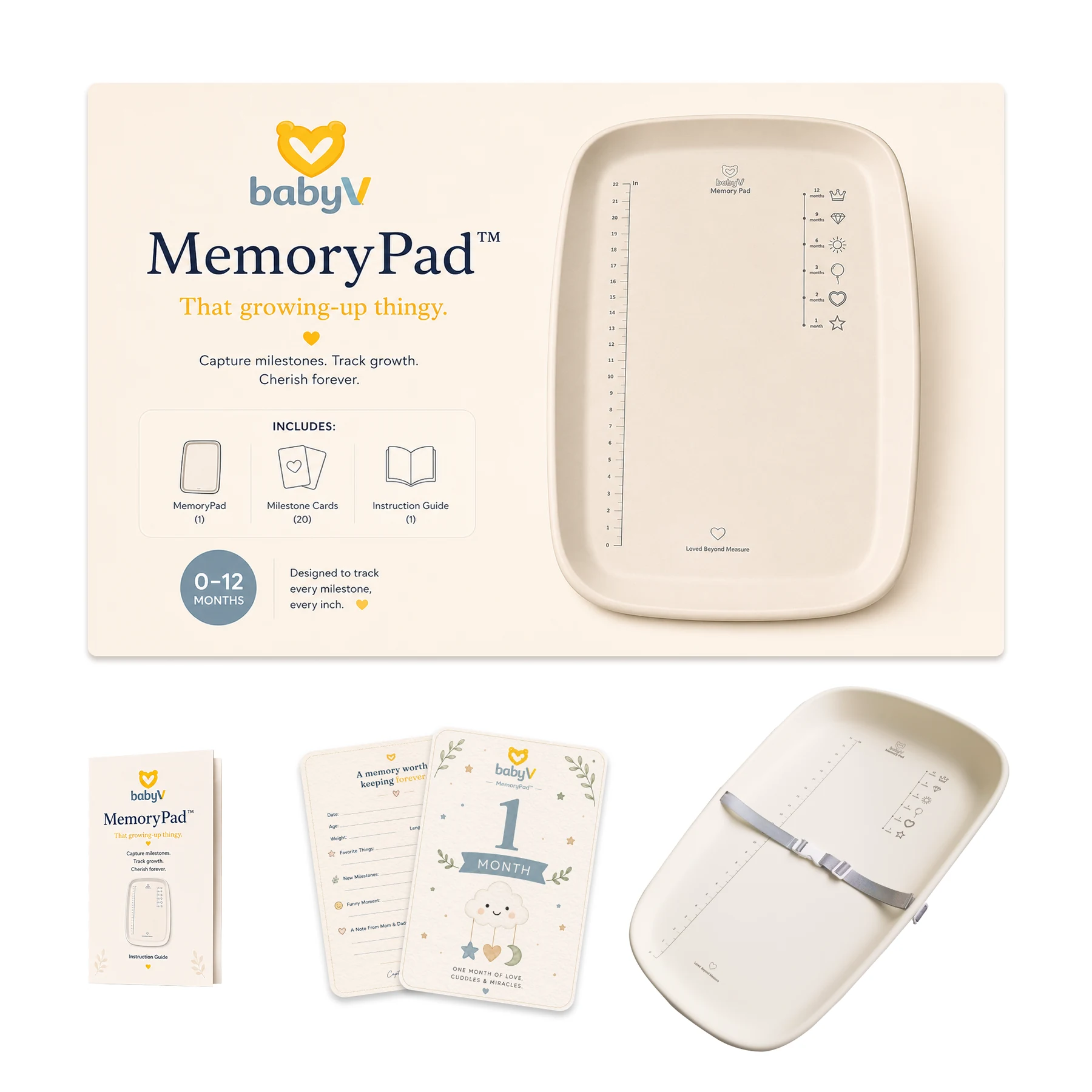 Complete BabyV MemoryPad™ set with changing pad, milestone cards, instruction guide, and packaging