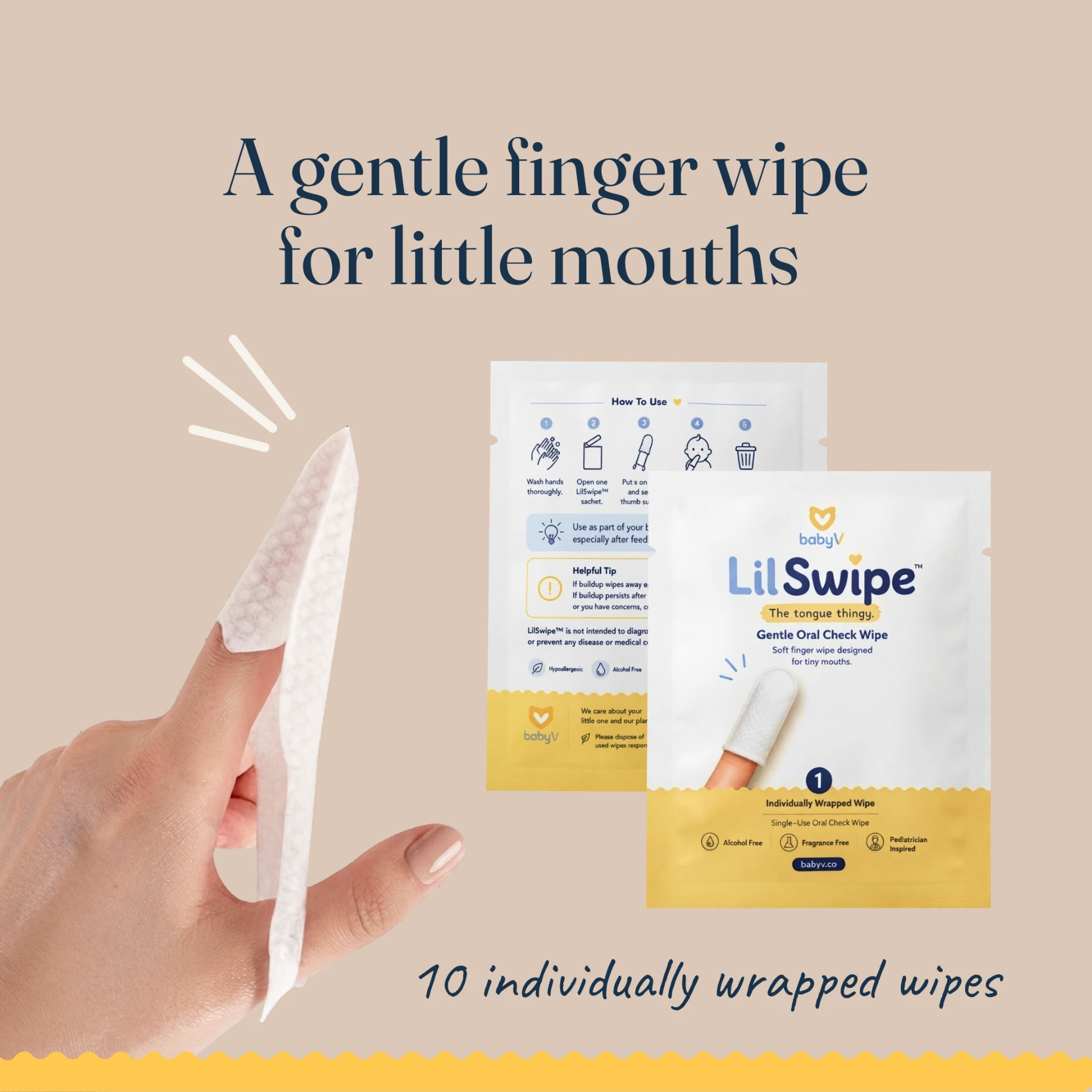 LilSwipe soft finger sleeve worn on a fingertip beside two individually wrapped Gentle Oral Check Wipes sachets, 10 count
