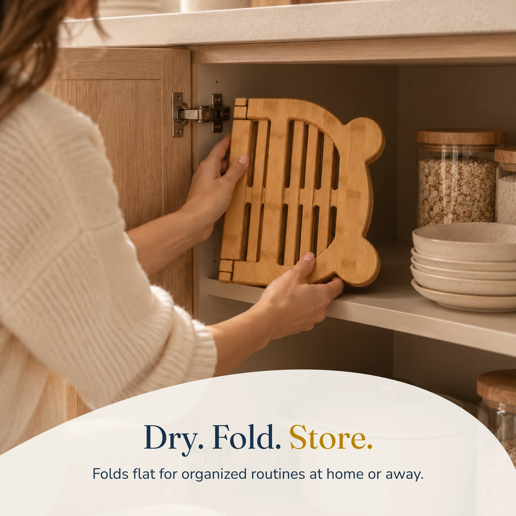 PumpDry fold sequence showing the rack open, arranged for drying, and folded flat for storage
