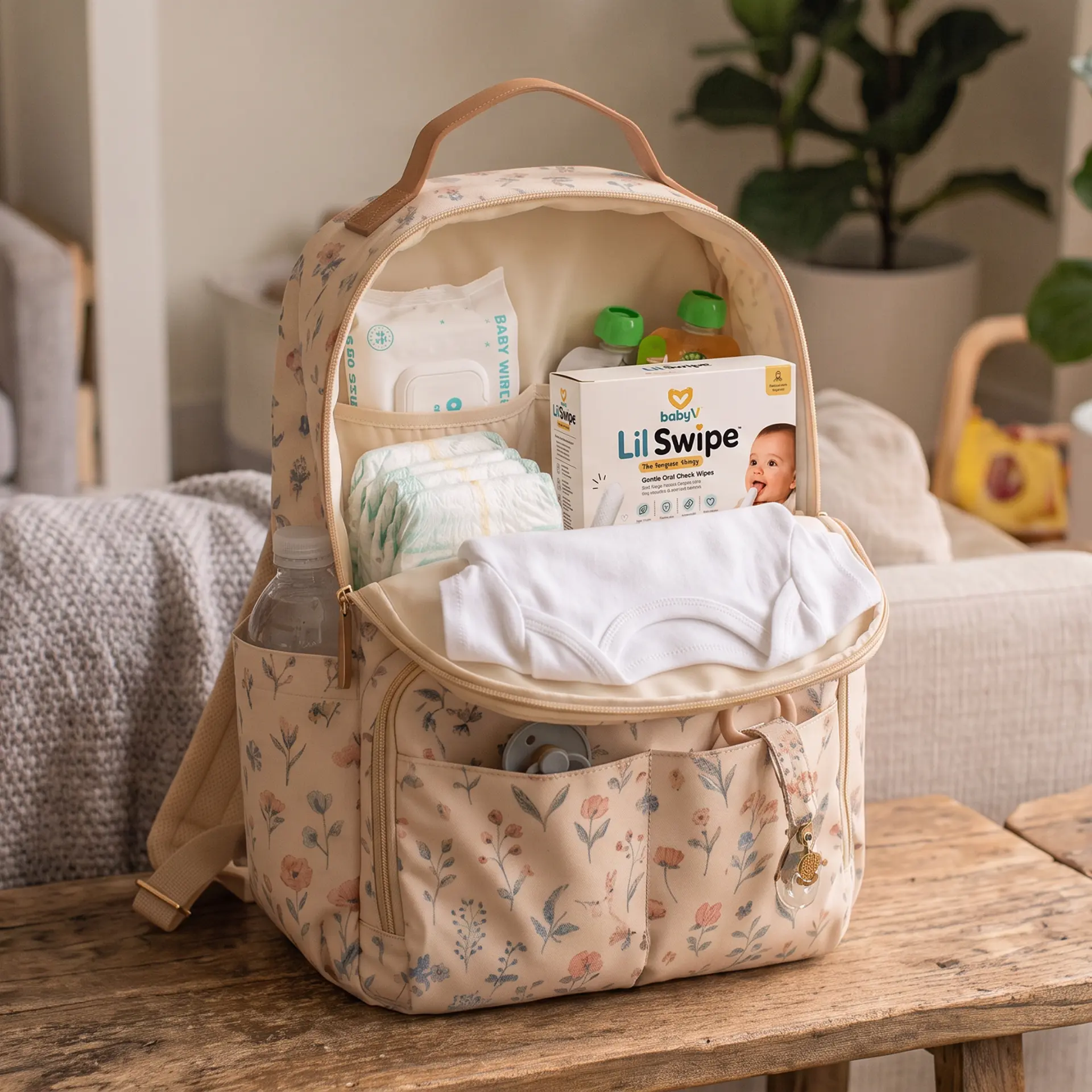A LilSwipe box and two wrapped wipes packed in an open diaper bag in a nursery