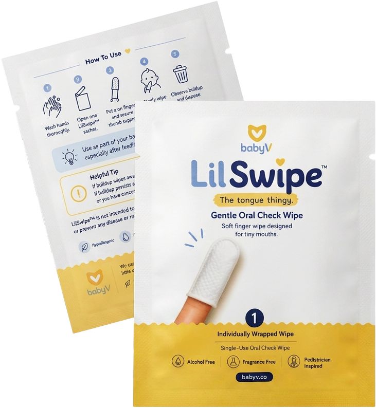 LilSwipe individually wrapped sachet showing the soft finger wipe and packaging instructions
