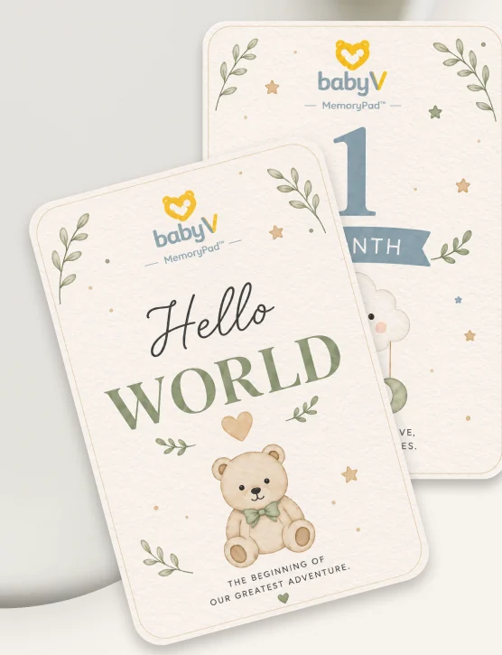 MemoryPad™ milestone cards including the Hello World and 1 Month cards