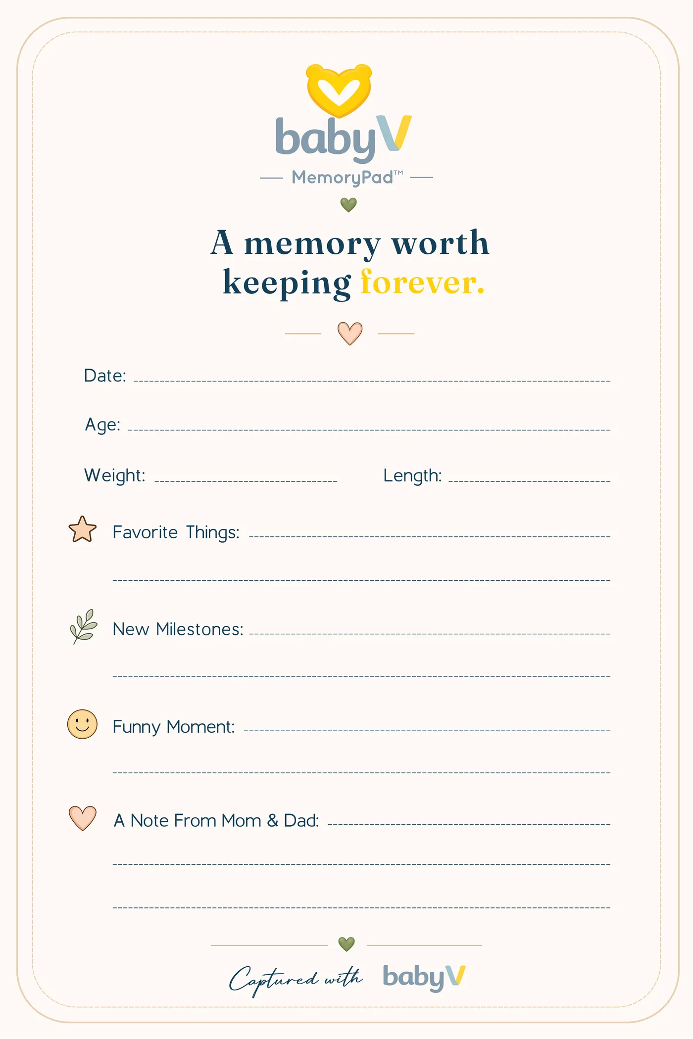 MemoryPad™ keepsake card reading “A memory worth keeping forever” with fields for date, age, weight, length and notes