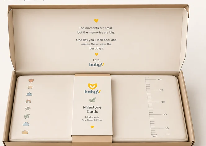 Open BabyV MemoryPad™ gift box with the milestone card deck and MemoryPad inside